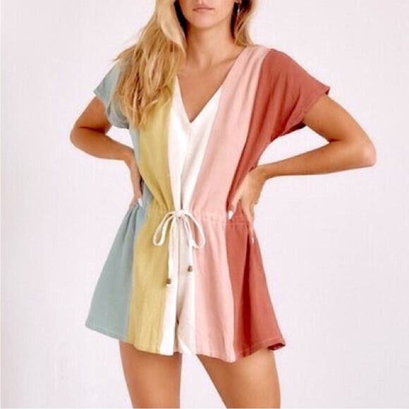 Vici Entro Linen Blend Boho Stripe Colorblock Coastal Romper Small - Picture 1 of 14